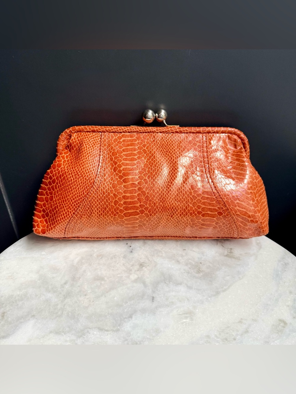 Vintage-Style Orange Snakeskin Kiss-Lock Large Frame Clutch